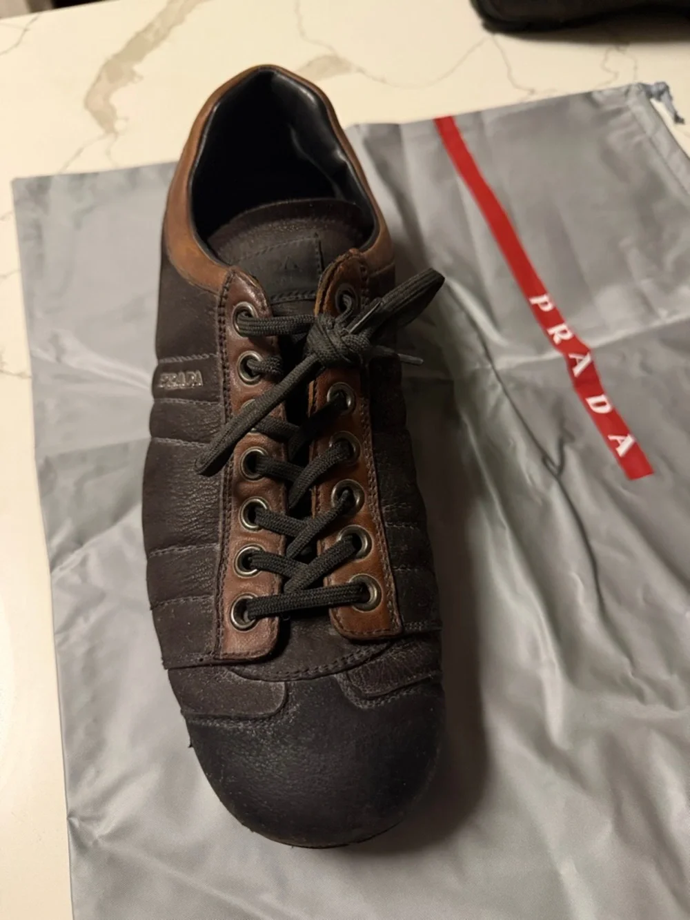 AuthenticPrada Men’s Dark Brown and Tan Leather Sneakers